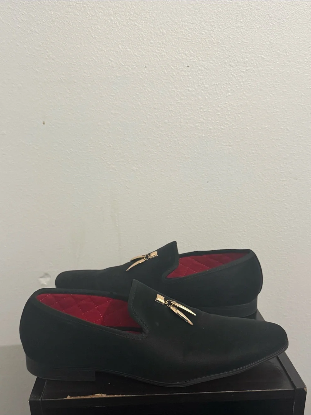 Milano Black Velvet Slip-On Loafers with Gold Tassel Accent